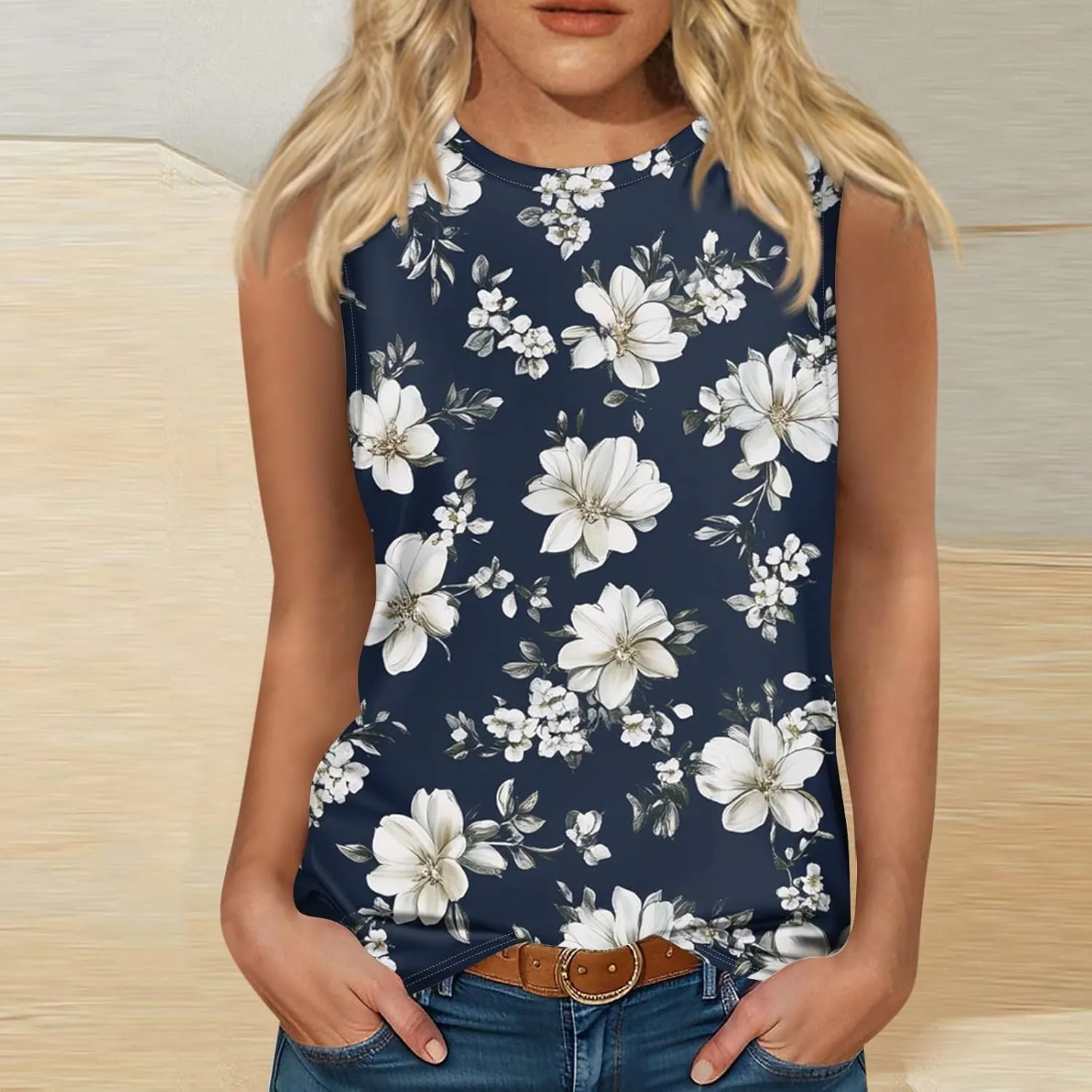Tank Tops for Women Round Neck Sleeveless Floral Print Shirts 2025 Summer Casual Loose Cute Basic Beach Tanks Tee