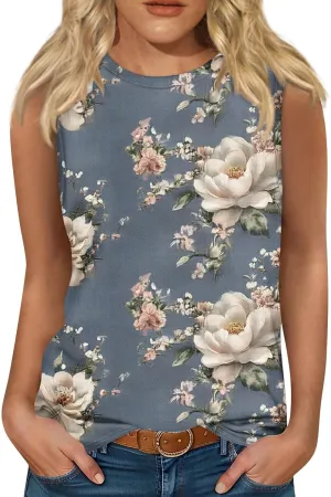 Tank Tops for Women Round Neck Sleeveless Floral Print Shirts 2025 Summer Casual Loose Cute Basic Beach Tanks Tee
