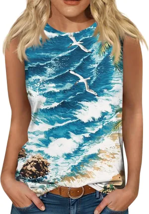 Tank Tops for Women Round Neck Sleeveless Floral Print Shirts 2025 Summer Casual Loose Cute Basic Beach Tanks Tee