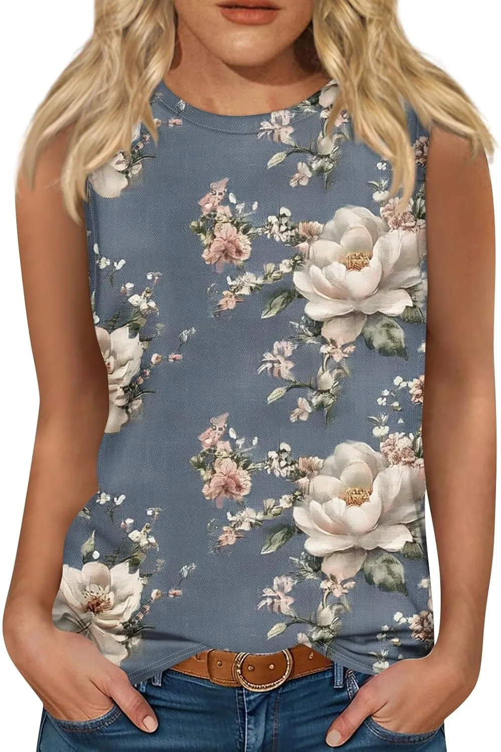 Tank Tops for Women Round Neck Sleeveless Floral Print Shirts 2025 Summer Casual Loose Cute Basic Beach Tanks Tee