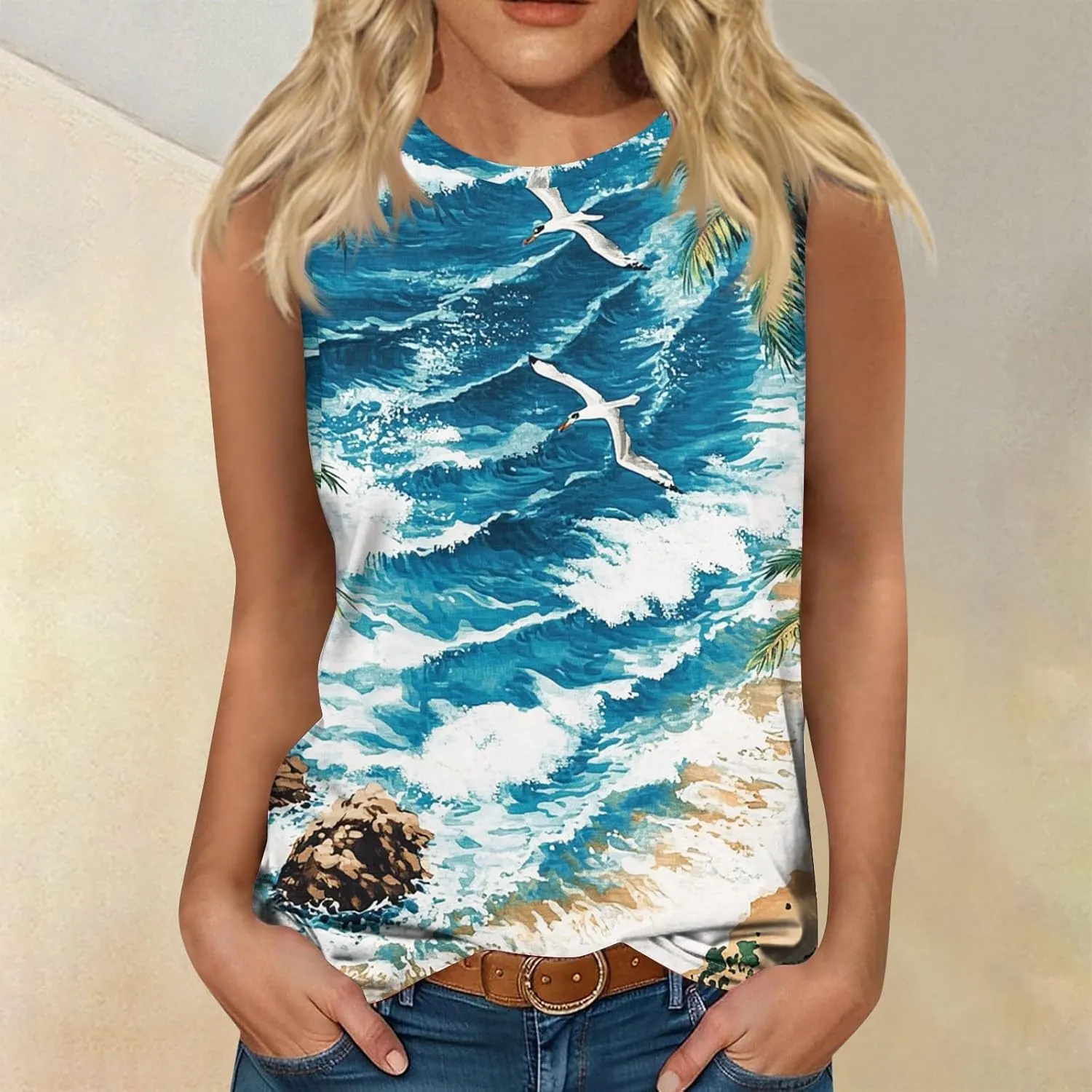 Tank Tops for Women Round Neck Sleeveless Floral Print Shirts 2025 Summer Casual Loose Cute Basic Beach Tanks Tee