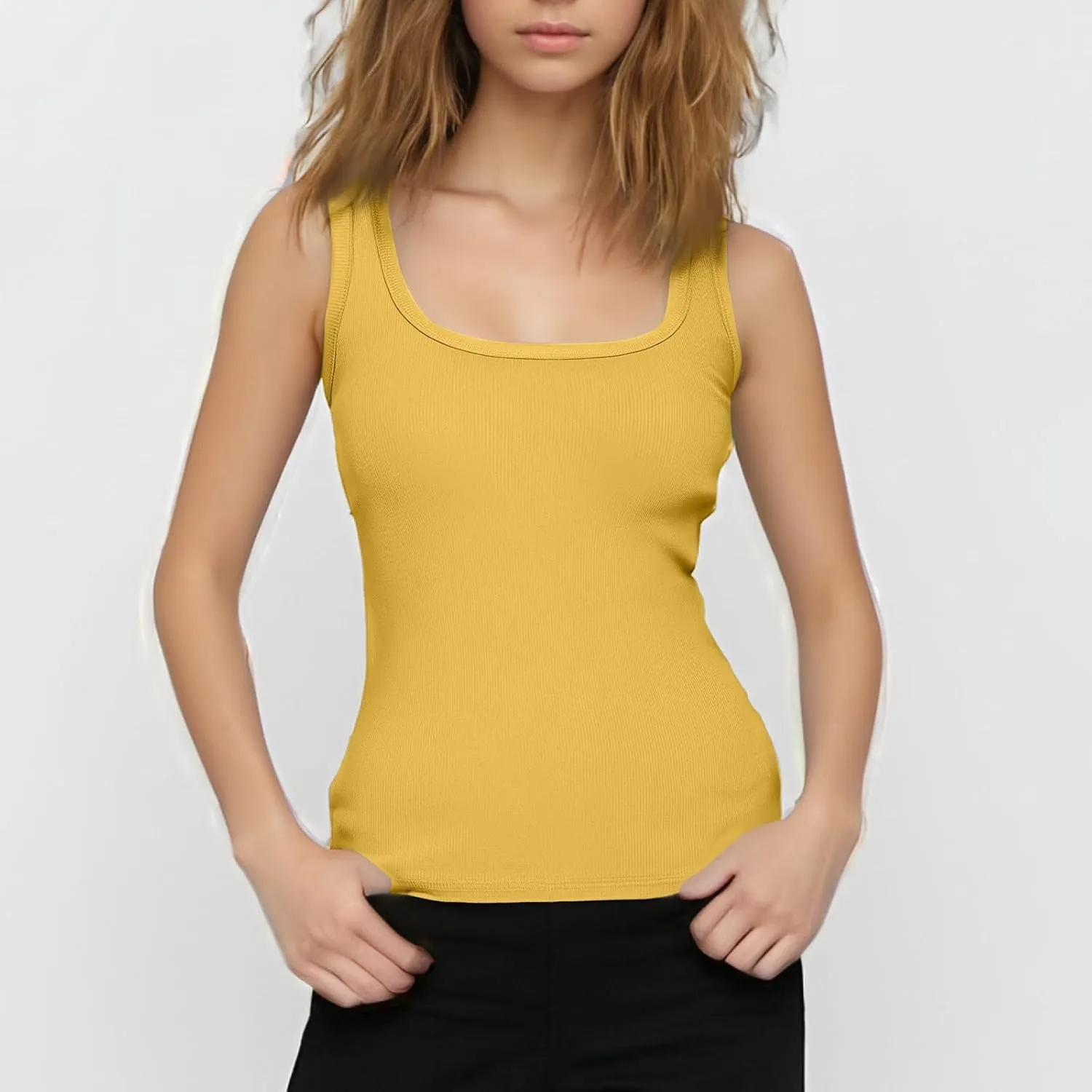 Tank Tops Women Spaghetti Strap Crew Neck Ribbed Tank Tops Slim Fitted Cotton Camisole Basic Sleeveless Shirts