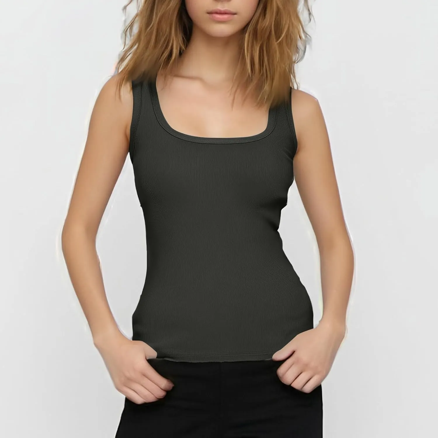 Tank Tops Women Spaghetti Strap Crew Neck Ribbed Tank Tops Slim Fitted Cotton Camisole Basic Sleeveless Shirts