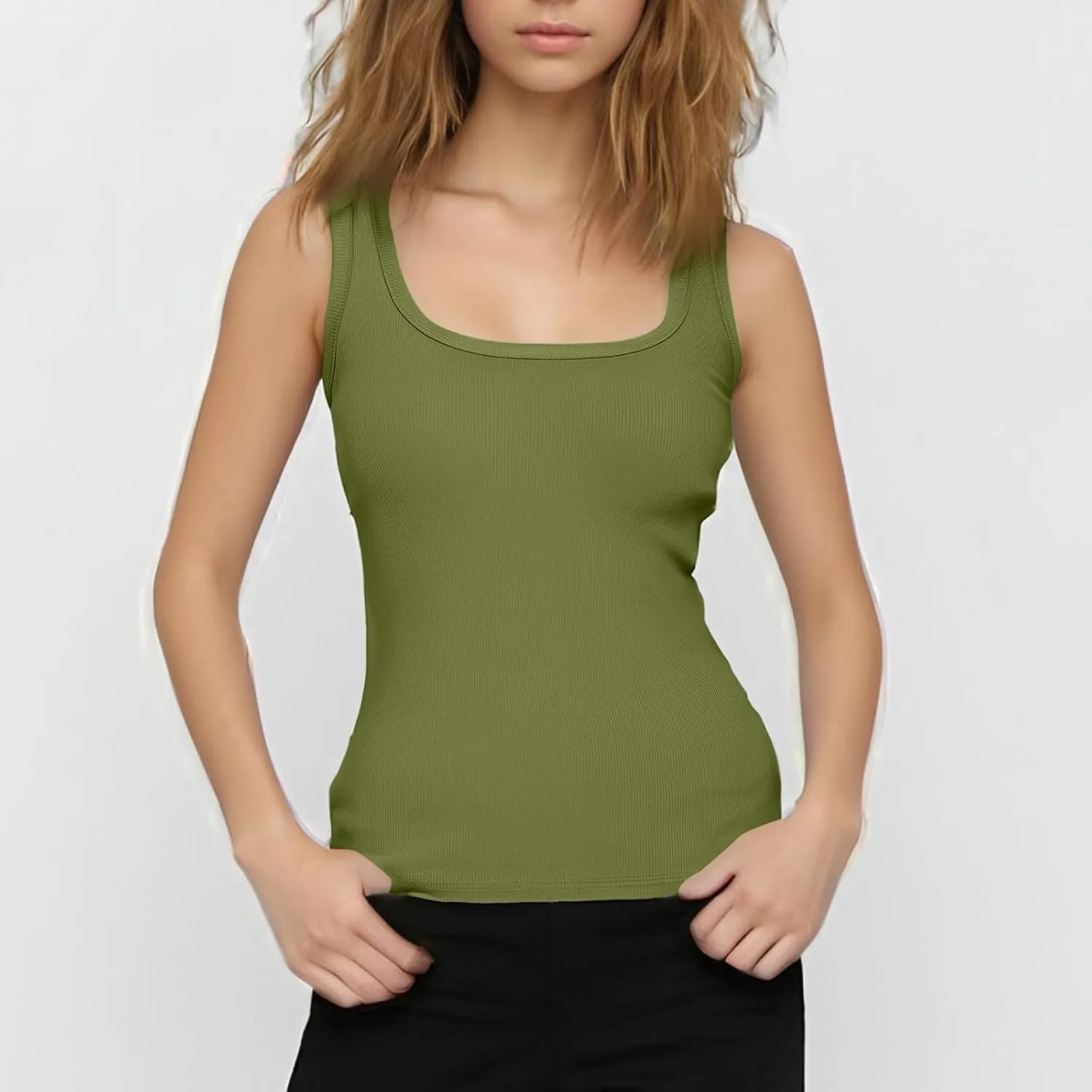 Tank Tops Women Spaghetti Strap Crew Neck Ribbed Tank Tops Slim Fitted Cotton Camisole Basic Sleeveless Shirts