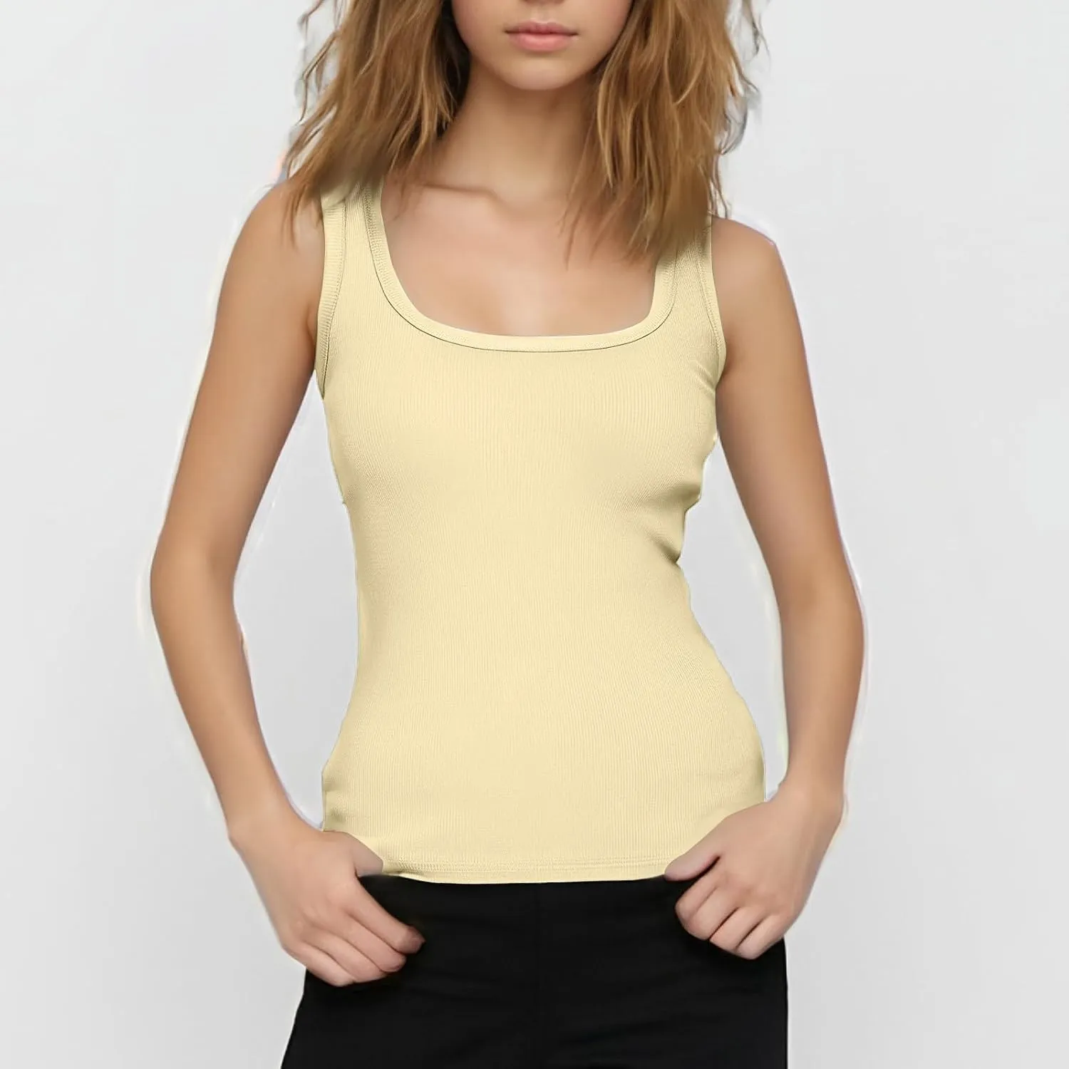 Tank Tops Women Spaghetti Strap Crew Neck Ribbed Tank Tops Slim Fitted Cotton Camisole Basic Sleeveless Shirts
