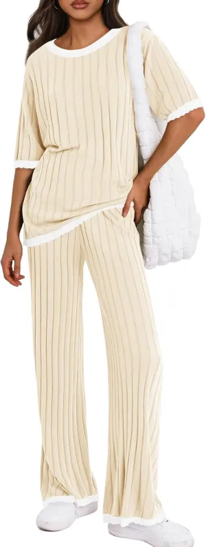 Tankaneo Womens 2 Piece Outfits Ribbed Knit Short Sleeve Tops and Wide Leg Pants Sets Casual Summer Loungewear Tracksuits