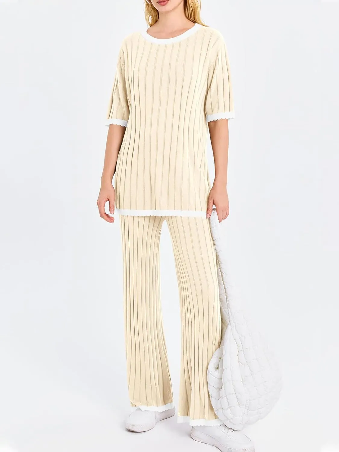 Tankaneo Womens 2 Piece Outfits Ribbed Knit Short Sleeve Tops and Wide Leg Pants Sets Casual Summer Loungewear Tracksuits