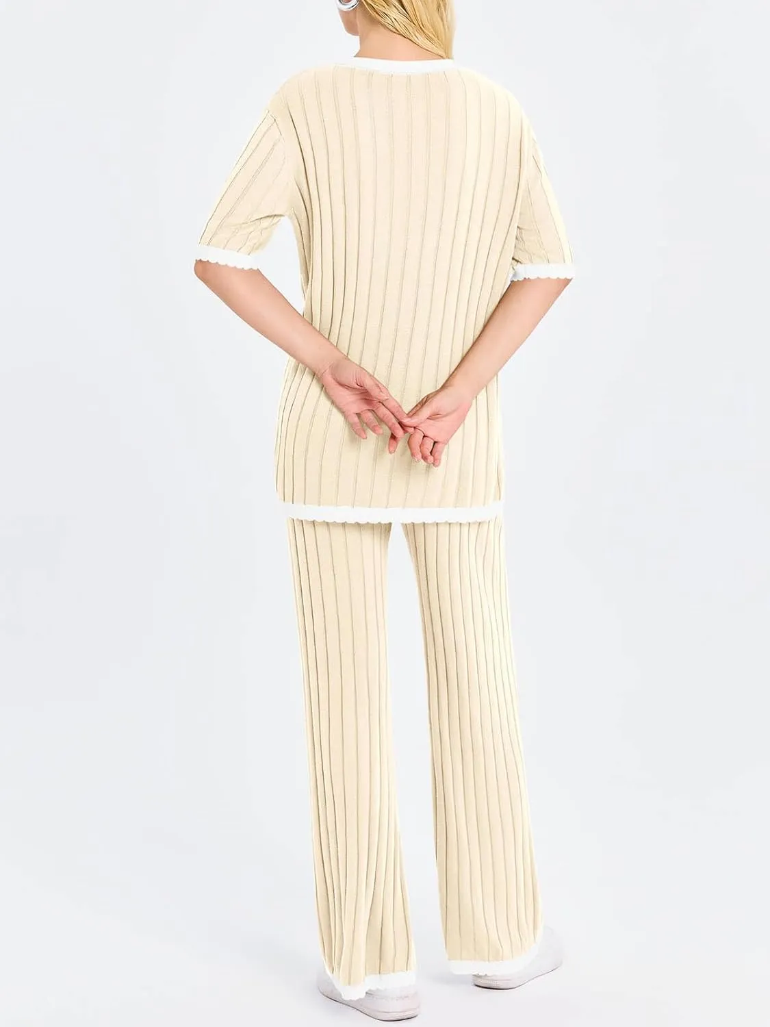 Tankaneo Womens 2 Piece Outfits Ribbed Knit Short Sleeve Tops and Wide Leg Pants Sets Casual Summer Loungewear Tracksuits
