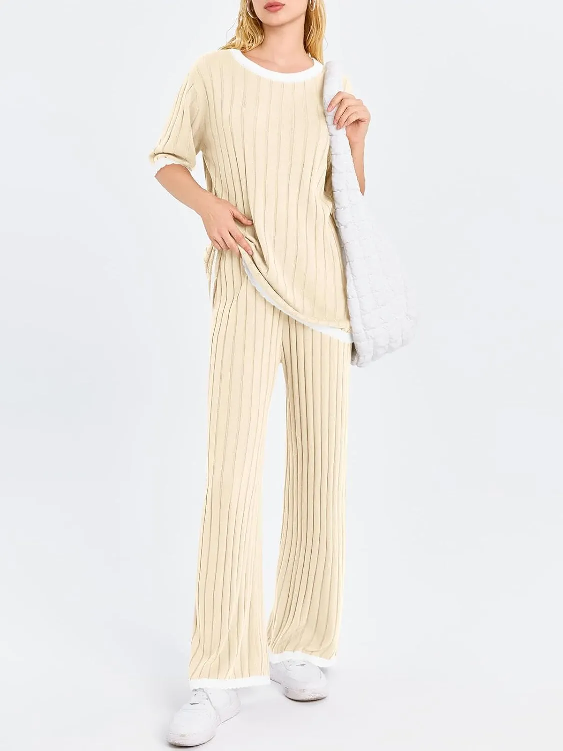 Tankaneo Womens 2 Piece Outfits Ribbed Knit Short Sleeve Tops and Wide Leg Pants Sets Casual Summer Loungewear Tracksuits