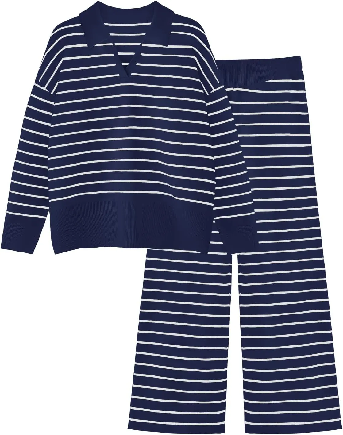 Tankaneo Womens Fall Outfits 2 Piece Sets Striped Knit Sweater Set Collared Long Sleeve Tops and Pants Matching Lounge Set