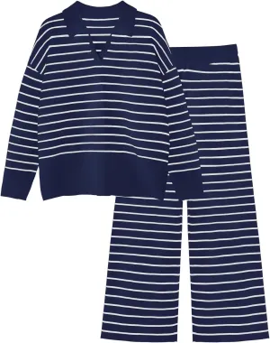 Tankaneo Womens Fall Outfits 2 Piece Sets Striped Knit Sweater Set Collared Long Sleeve Tops and Pants Matching Lounge Set