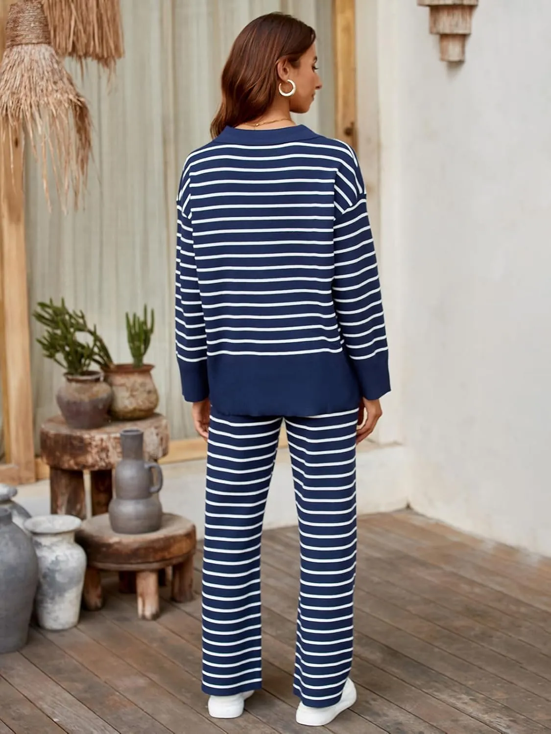 Tankaneo Womens Fall Outfits 2 Piece Sets Striped Knit Sweater Set Collared Long Sleeve Tops and Pants Matching Lounge Set