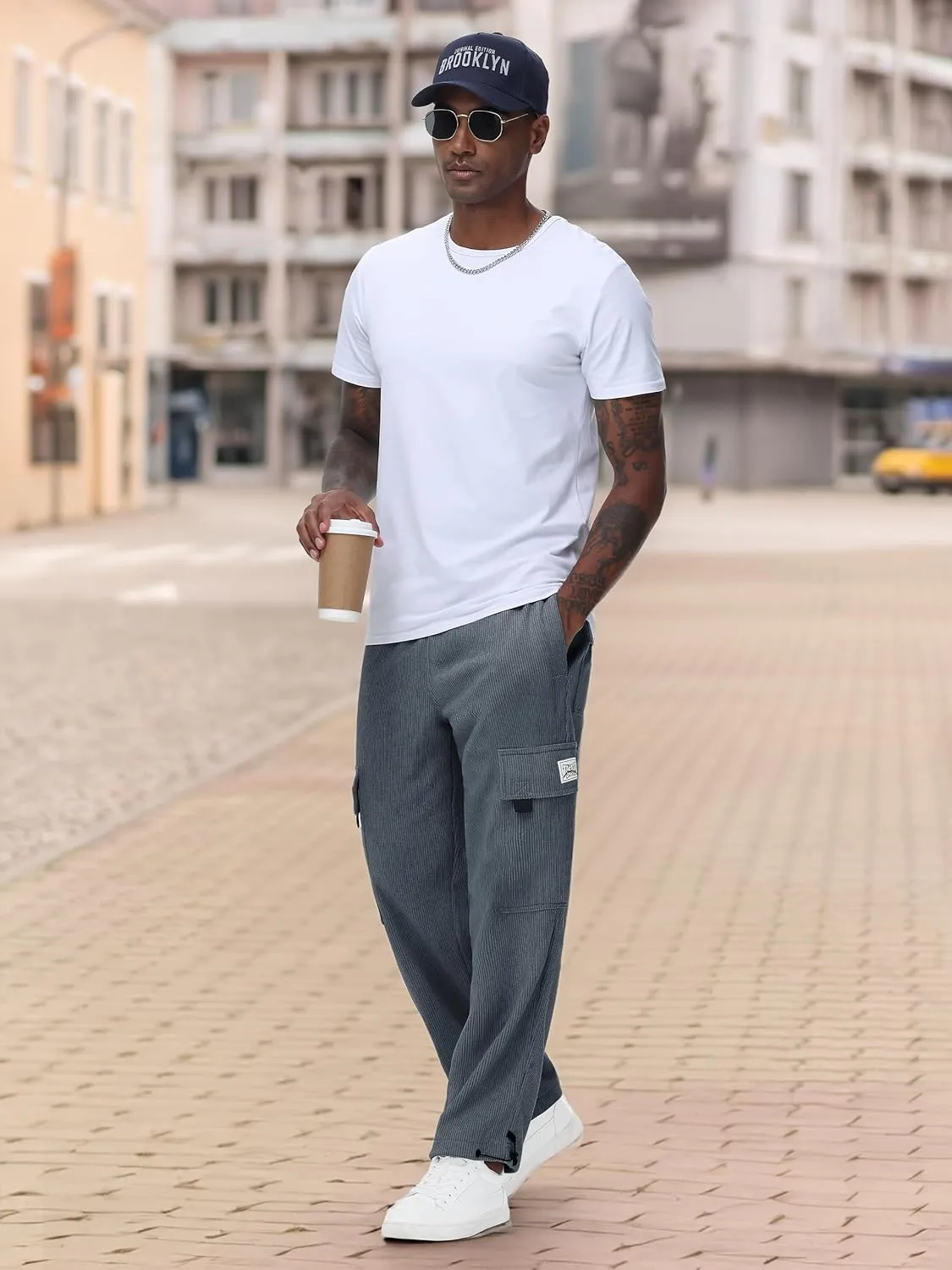 Tapata Men's 28/30/32 Fleece Lined Corduroy Cargo Pants Heavyweight Baggy Sweatpants Casual Elastic Waist Slacks