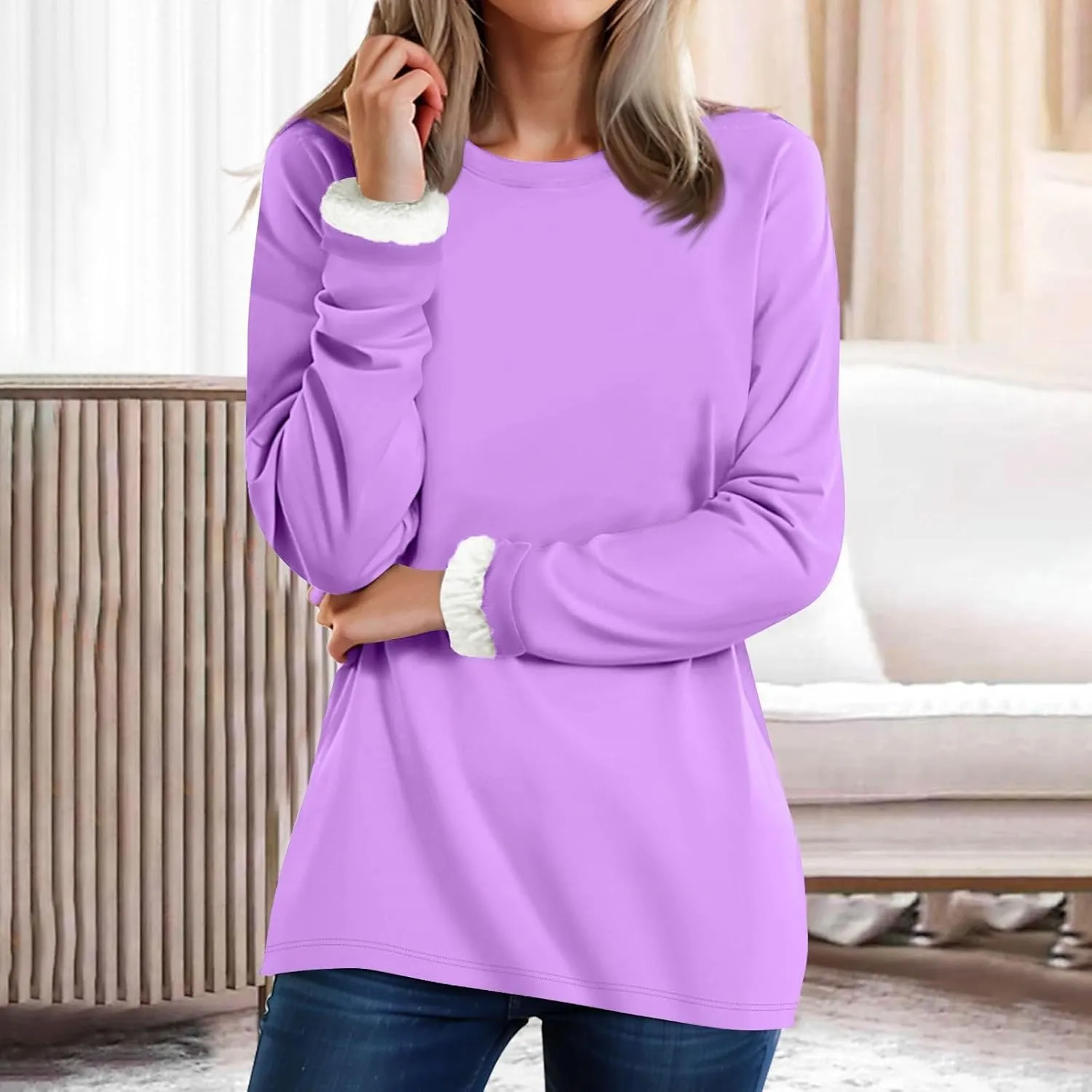 Thermal Underwear for Women Warm Sherpa Lined Fleece Crewneck Sweatshirt Fuzzy Long Sleeve Pullover Loungewear Tops