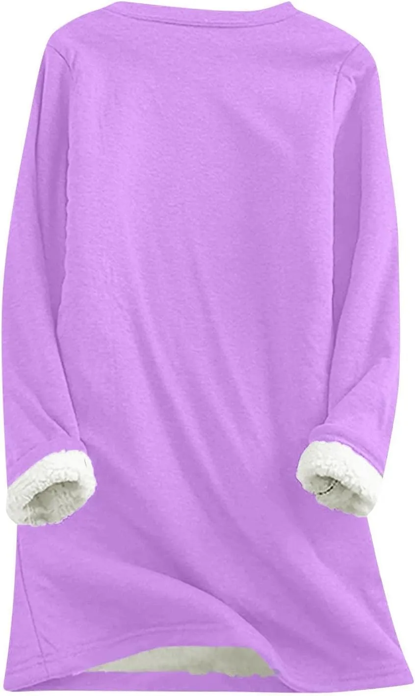 Thermal Underwear for Women Warm Sherpa Lined Fleece Crewneck Sweatshirt Fuzzy Long Sleeve Pullover Loungewear Tops
