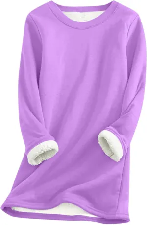 Thermal Underwear for Women Warm Sherpa Lined Fleece Crewneck Sweatshirt Fuzzy Long Sleeve Pullover Loungewear Tops