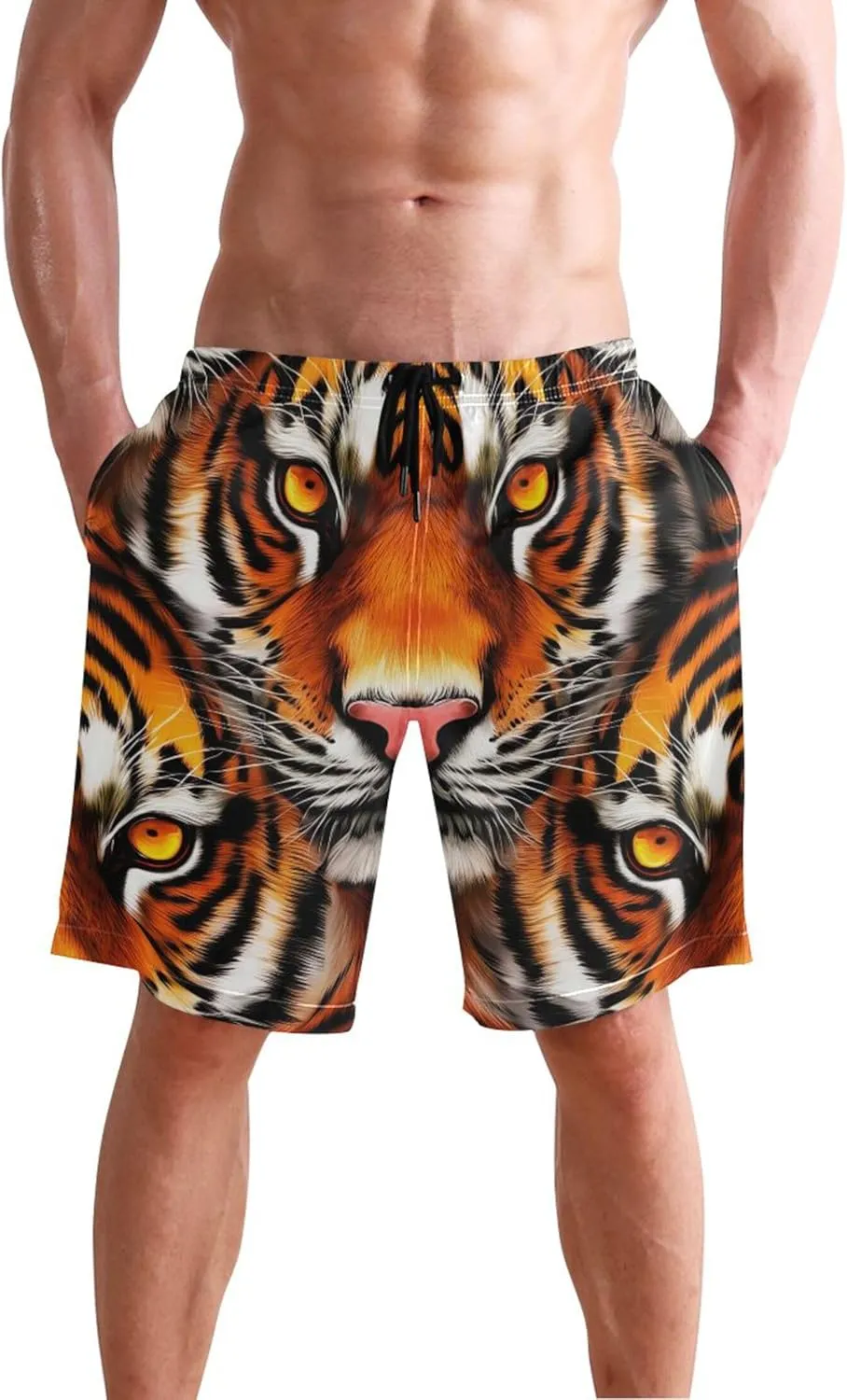 Tiger Animal Print Board Beach Shorts Men Swim Trunks Funny Hawaiian Quick Dry Elastic Shorts S