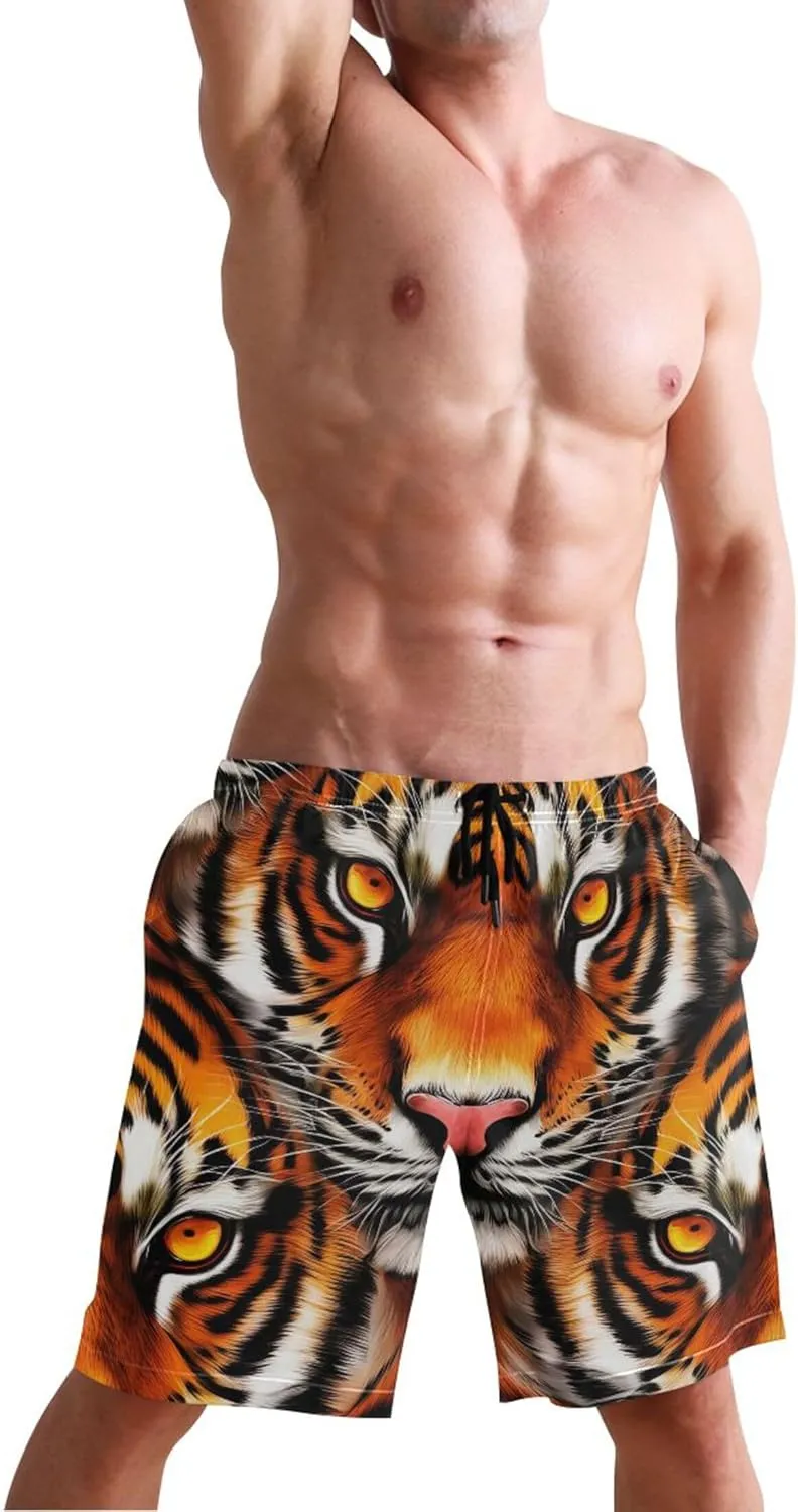 Tiger Animal Print Board Beach Shorts Men Swim Trunks Funny Hawaiian Quick Dry Elastic Shorts S