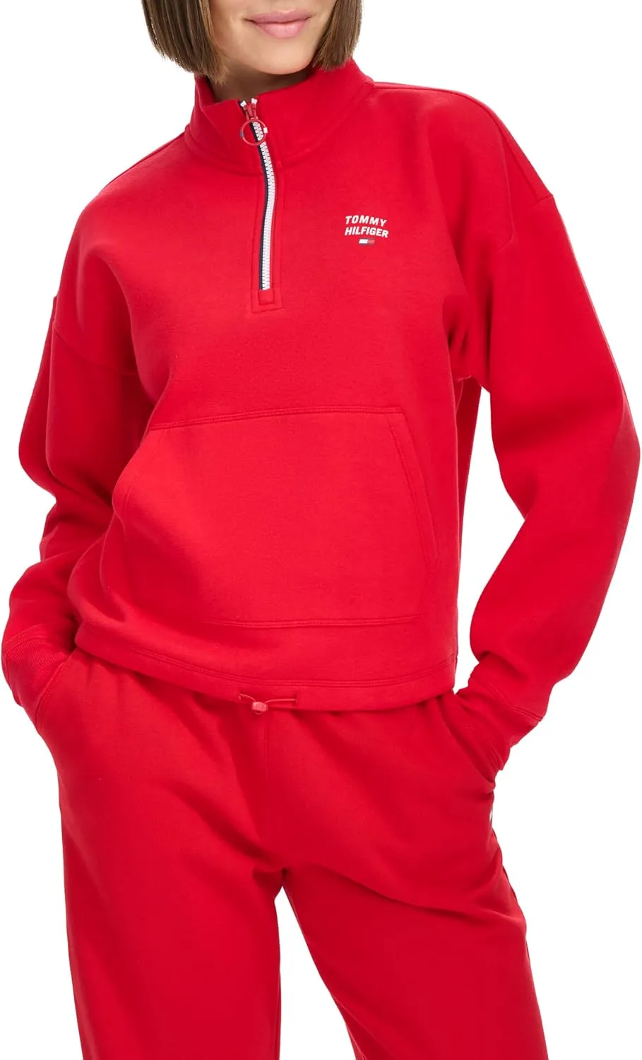 Tommy Hilfiger Women's Pockets Printed Logo Fleece Mock Neck Pullover