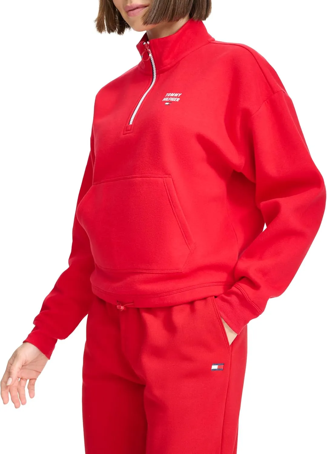 Tommy Hilfiger Women's Pockets Printed Logo Fleece Mock Neck Pullover