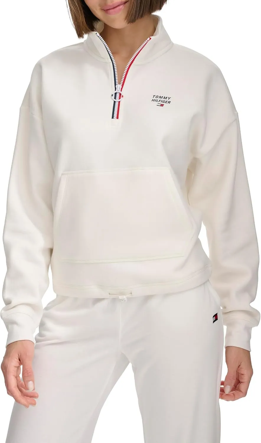 Tommy Hilfiger Women's Pockets Printed Logo Fleece Mock Neck Pullover