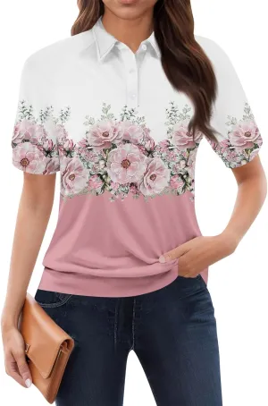 Tops for Women Trendy Short Sleeve Vacation Outfits Blouses Casual Summer Collared Shirts Polo Banded Hem