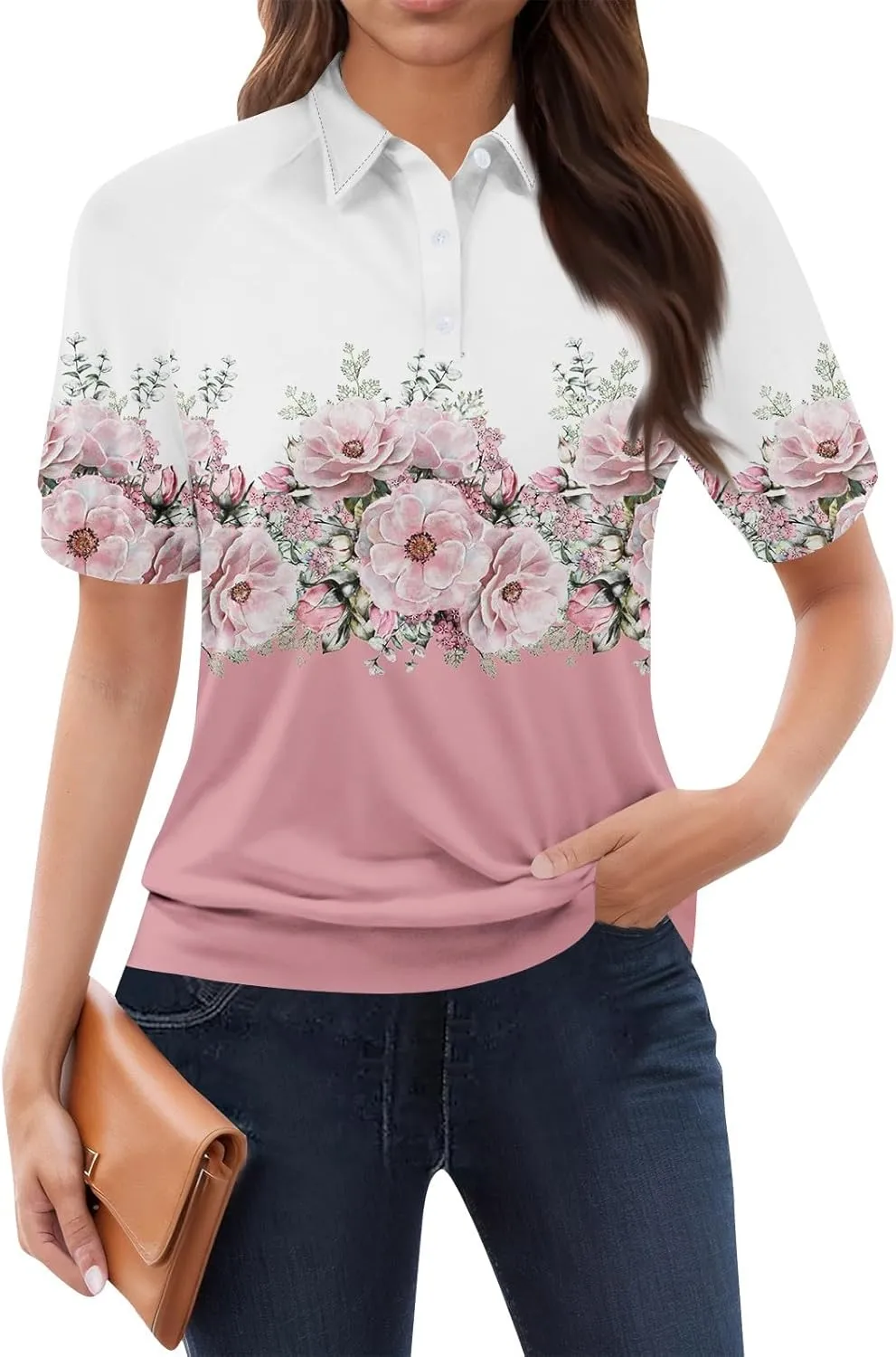 Tops for Women Trendy Short Sleeve Vacation Outfits Blouses Casual Summer Collared Shirts Polo Banded Hem