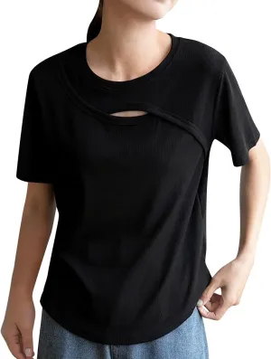 Tops for Womens Fashion Summer Front Hollow Out Round Neck Short Sleeves Ventilated Sproting Fitness Casual T-Shirts