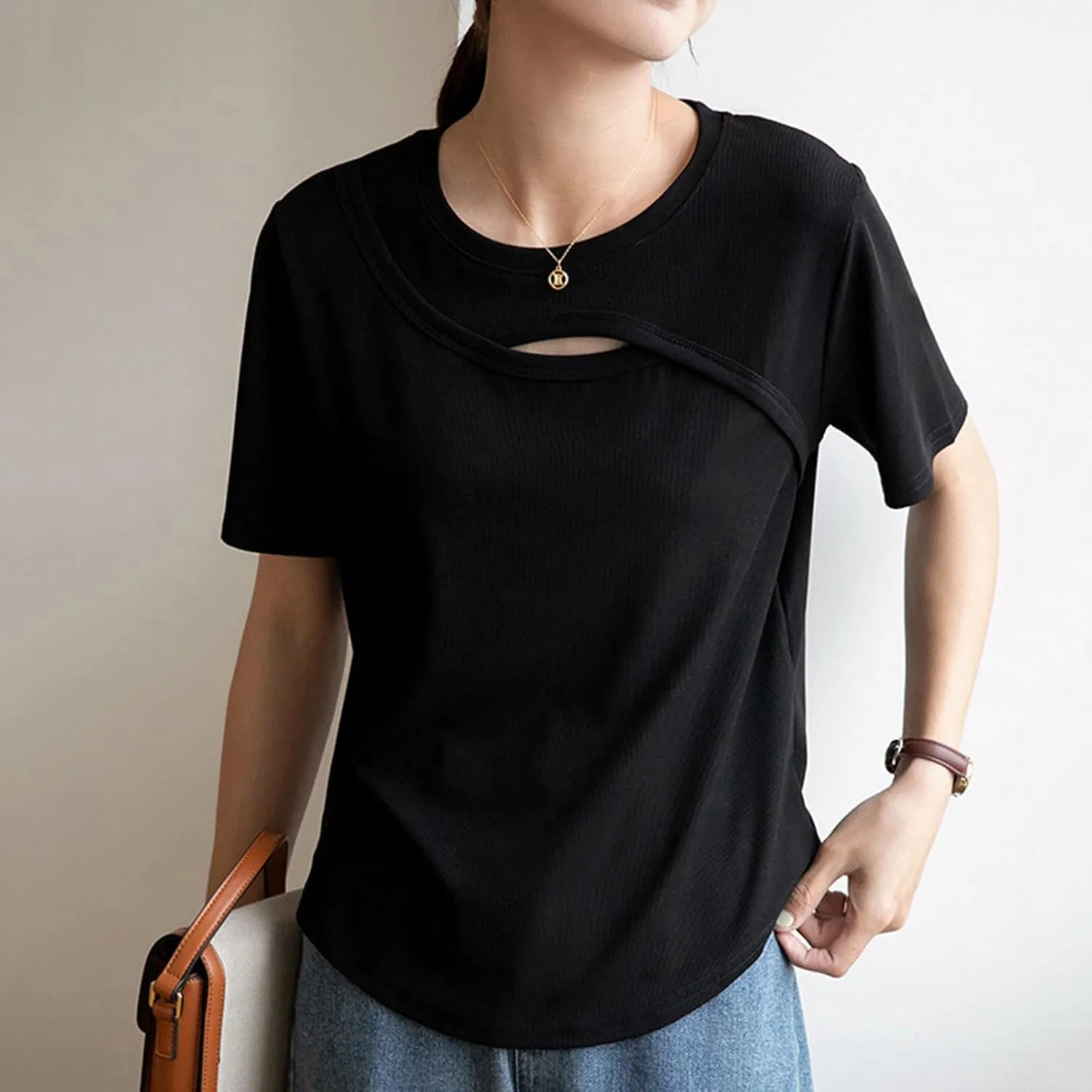 Tops for Womens Fashion Summer Front Hollow Out Round Neck Short Sleeves Ventilated Sproting Fitness Casual T-Shirts