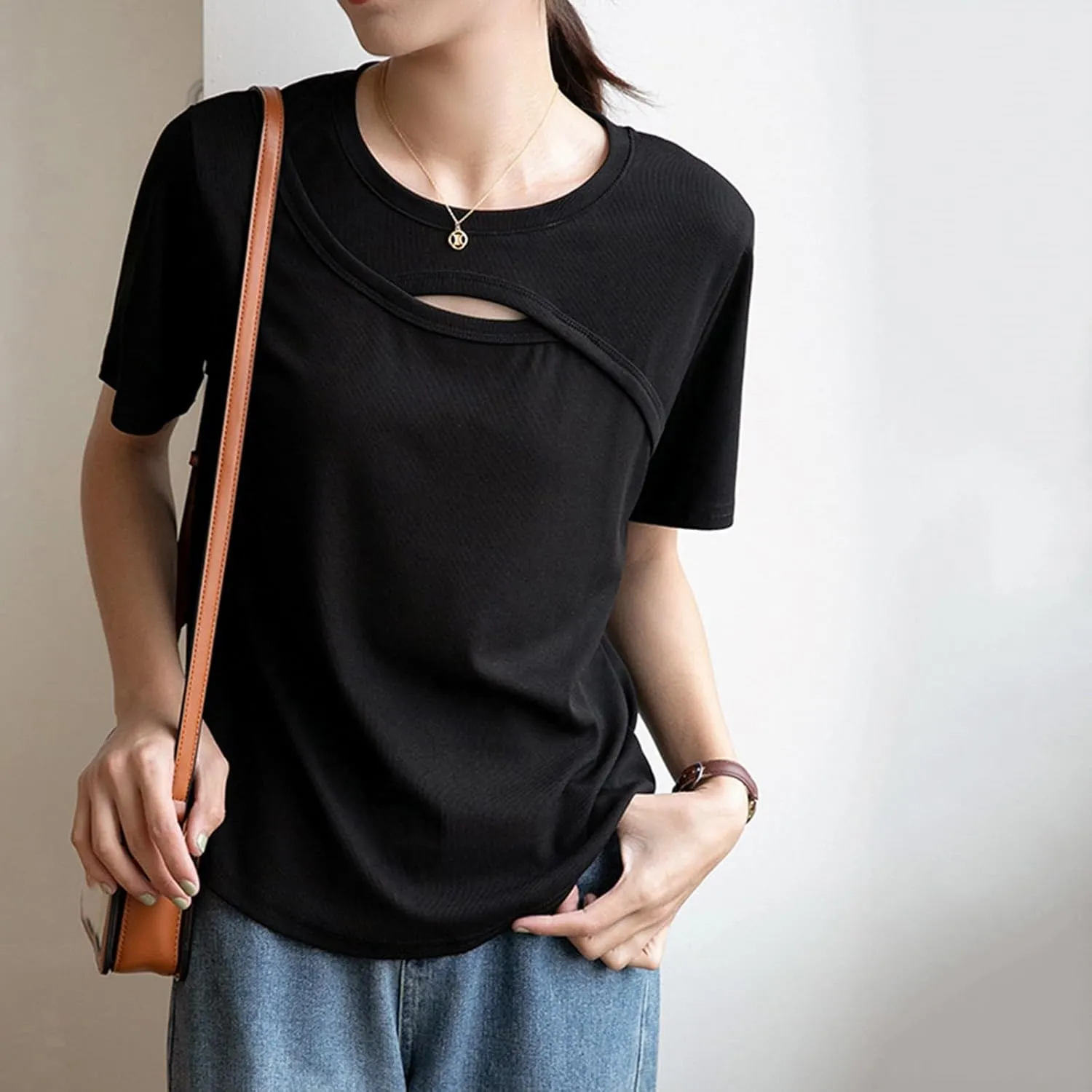 Tops for Womens Fashion Summer Front Hollow Out Round Neck Short Sleeves Ventilated Sproting Fitness Casual T-Shirts