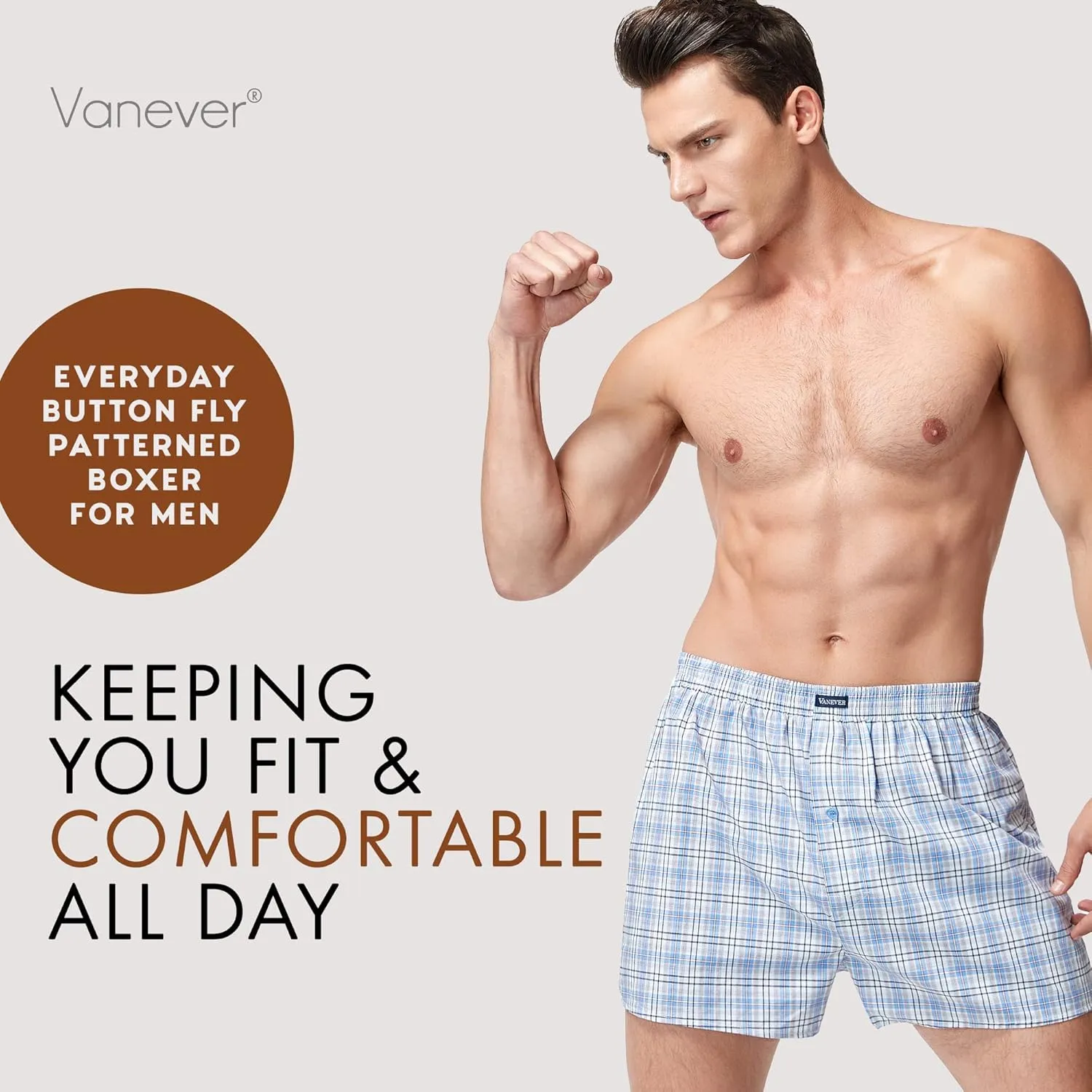 Vanever 3PK Men's Woven Boxers, 100% Cotton Boxer Shorts for Men, Boxershorts with Button Fly, Underwear