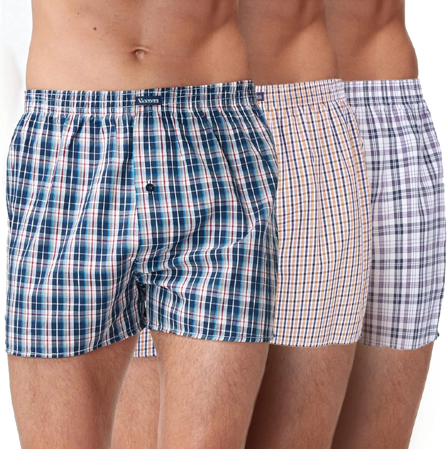 Vanever 3PK Men's Woven Boxers, 100% Cotton Boxer Shorts for Men, Boxershorts with Button Fly, Underwear