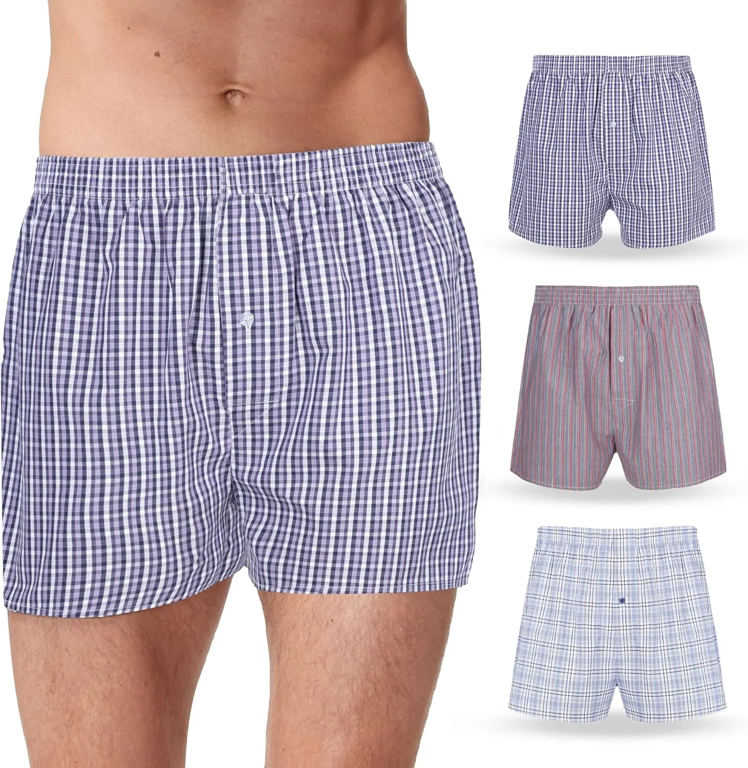 Vanever 3PK Men's Woven Boxers, 100% Cotton Boxer Shorts for Men, Boxershorts with Button Fly, Underwear