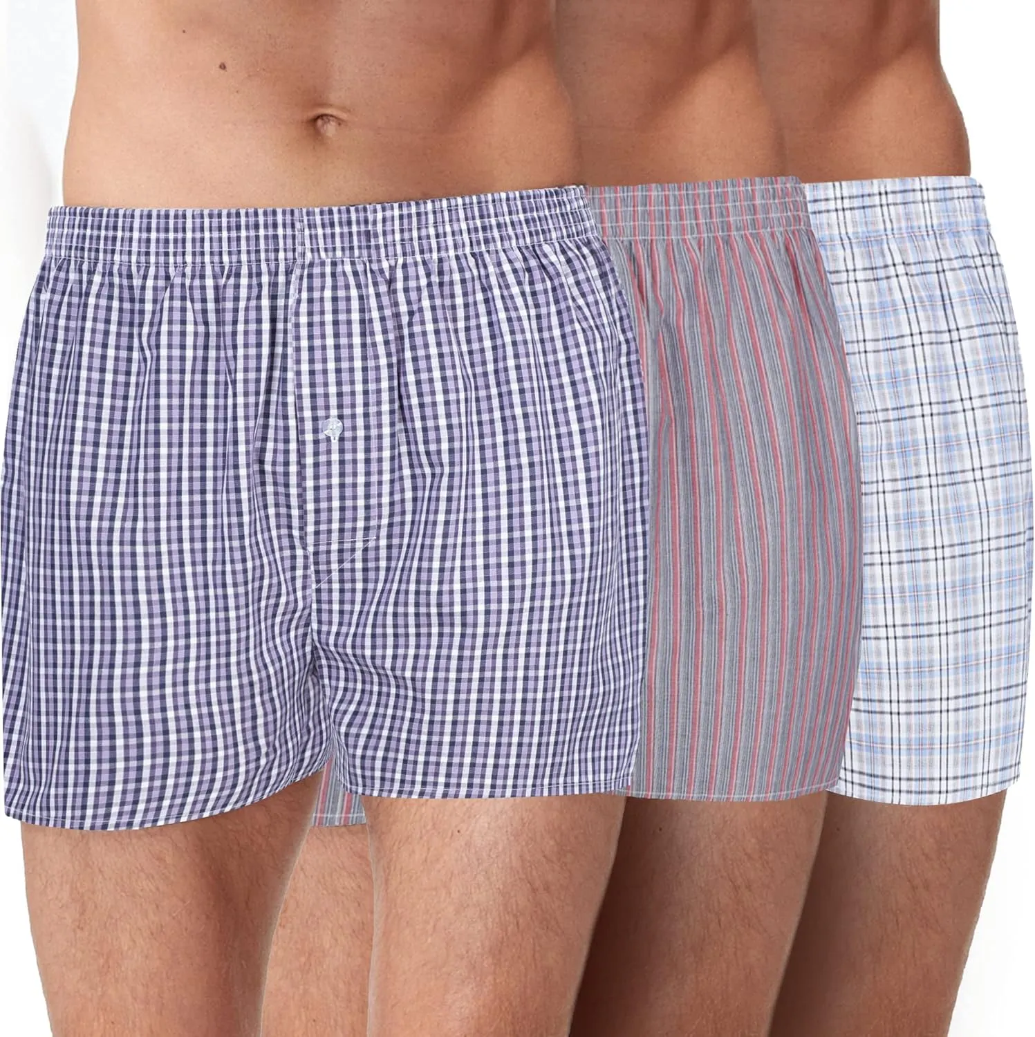 Vanever 3PK Men's Woven Boxers, 100% Cotton Boxer Shorts for Men, Boxershorts with Button Fly, Underwear