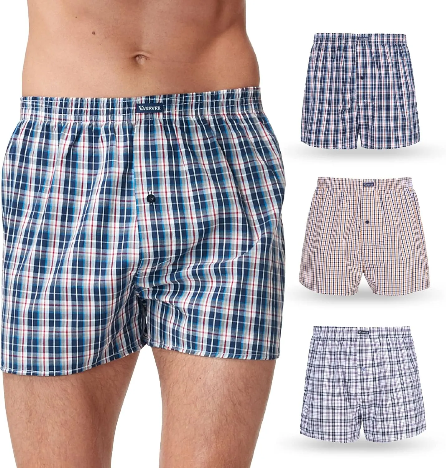 Vanever 3PK Men's Woven Boxers, 100% Cotton Boxer Shorts for Men, Boxershorts with Button Fly, Underwear