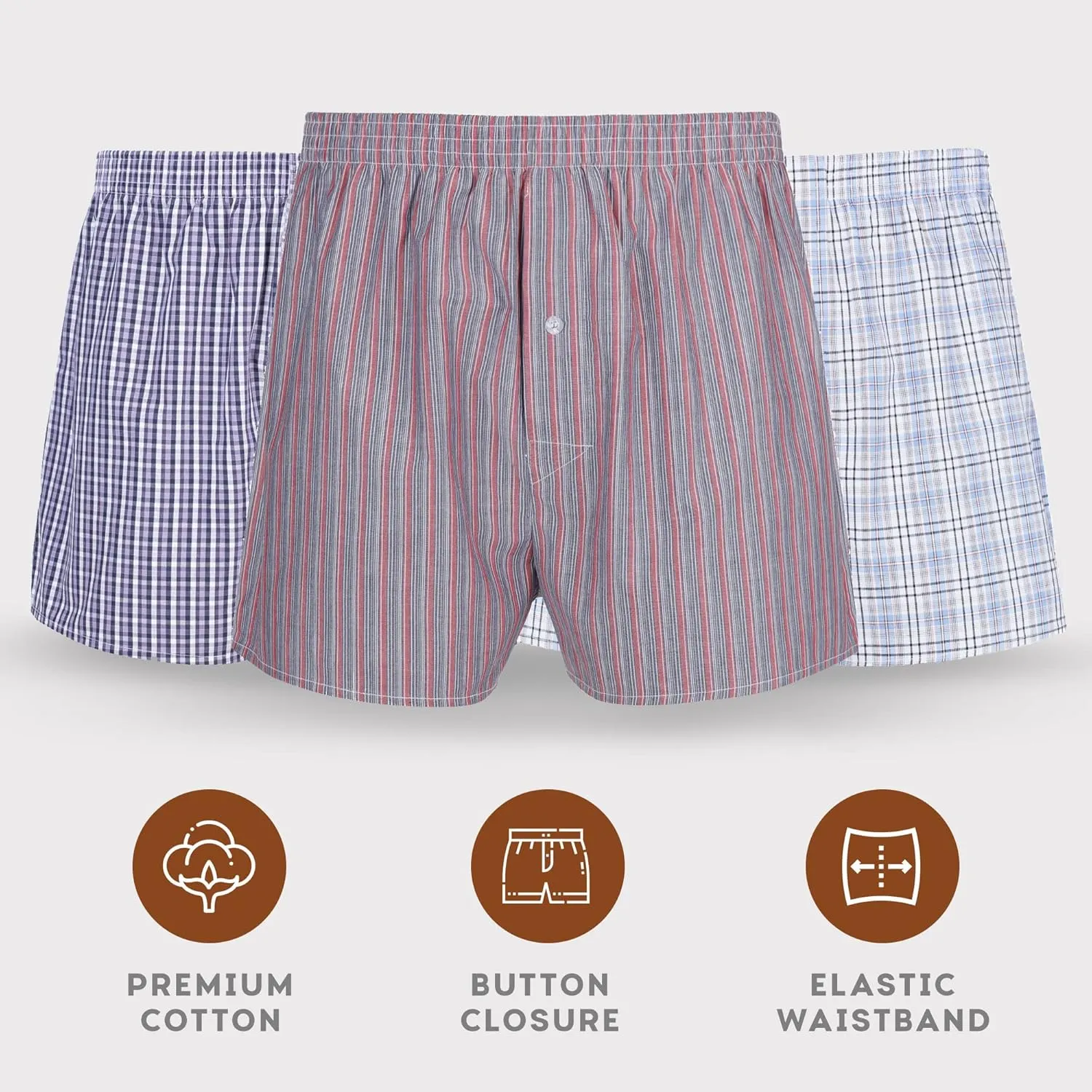 Vanever 3PK Men's Woven Boxers, 100% Cotton Boxer Shorts for Men, Boxershorts with Button Fly, Underwear