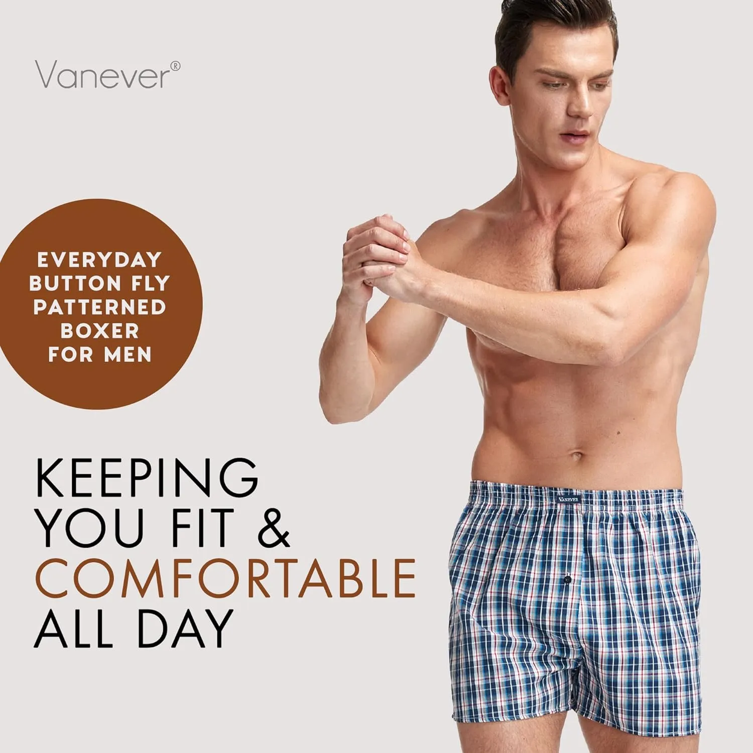 Vanever 3PK Men's Woven Boxers, 100% Cotton Boxer Shorts for Men, Boxershorts with Button Fly, Underwear