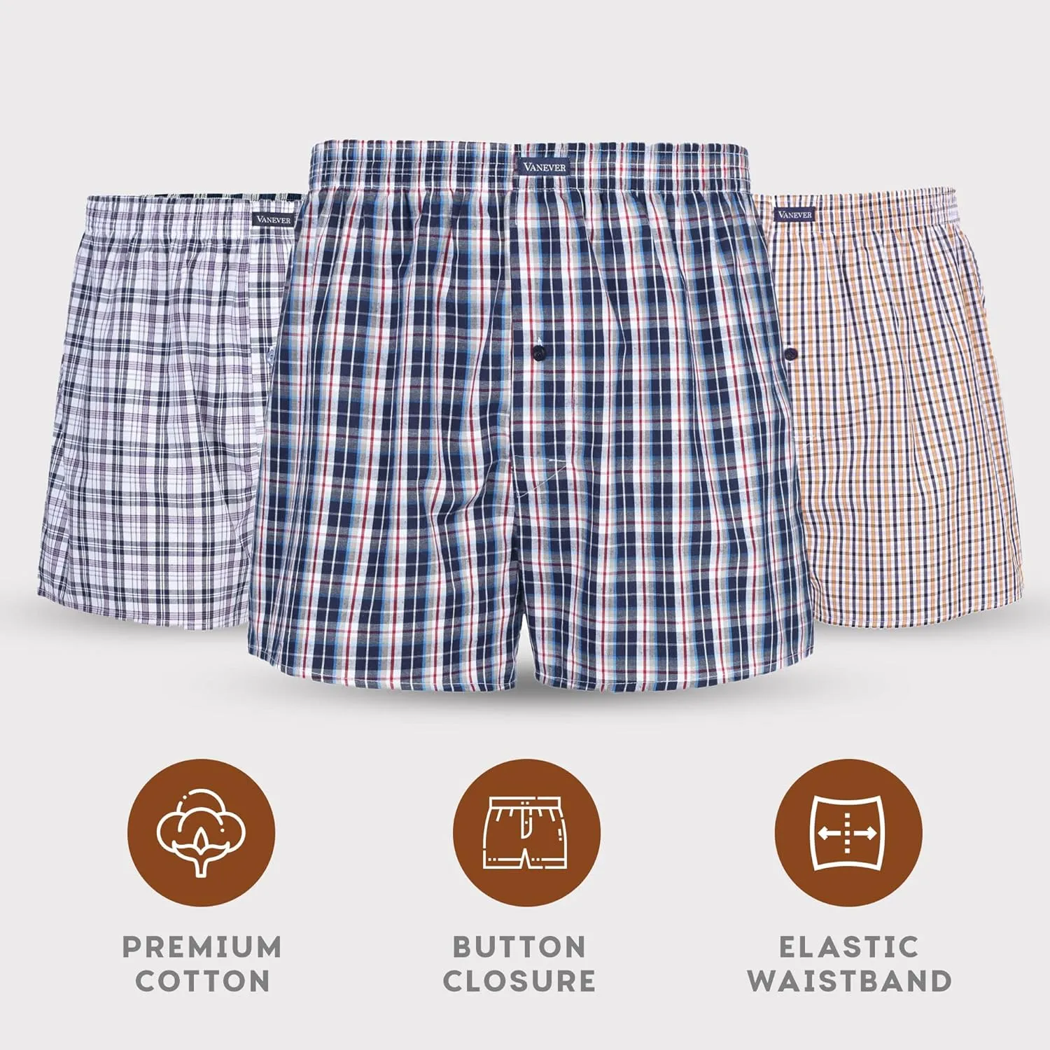 Vanever 3PK Men's Woven Boxers, 100% Cotton Boxer Shorts for Men, Boxershorts with Button Fly, Underwear