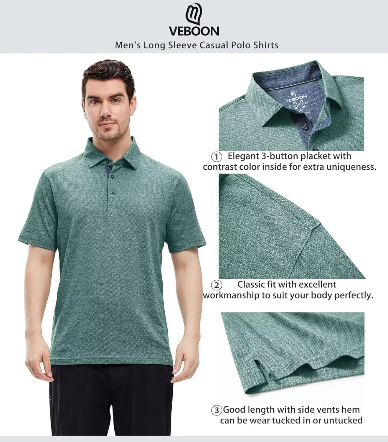 VEBOON Men's Polo Shirts Long and Short Sleeve Cotton Blend Heather Moisture Wicking Casual Collared Shirts