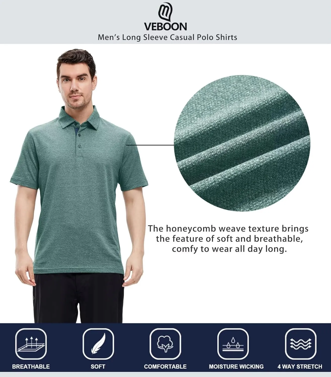 VEBOON Men's Polo Shirts Long and Short Sleeve Cotton Blend Heather Moisture Wicking Casual Collared Shirts