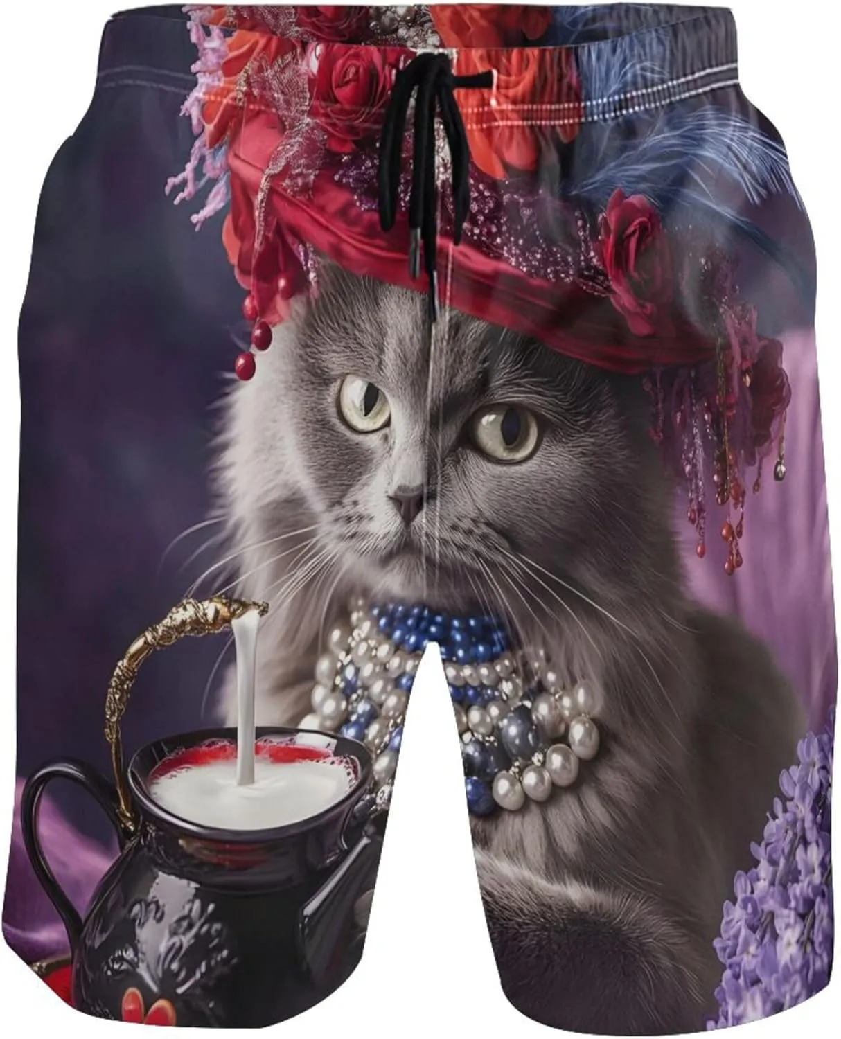 Victorian Cat Red Hat Tea Time Mens Swim Trunks Funny Bathing Suit Quick Dry Surf Men Swimming Trunks S