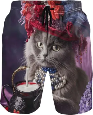 Victorian Cat Red Hat Tea Time Mens Swim Trunks Funny Bathing Suit Quick Dry Surf Men Swimming Trunks S