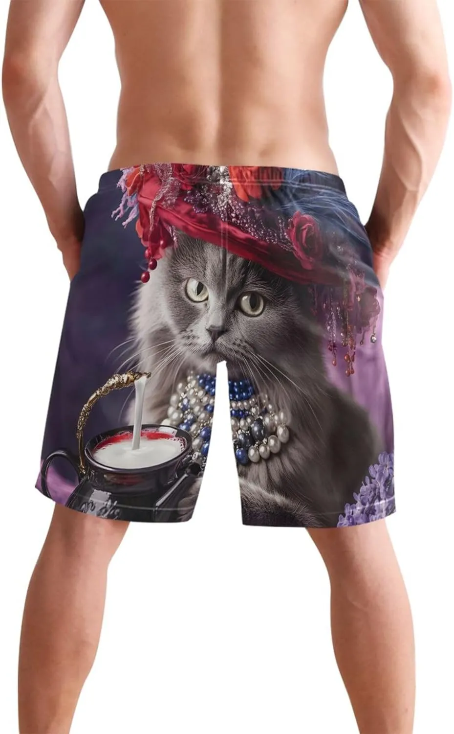 Victorian Cat Red Hat Tea Time Mens Swim Trunks Funny Bathing Suit Quick Dry Surf Men Swimming Trunks S