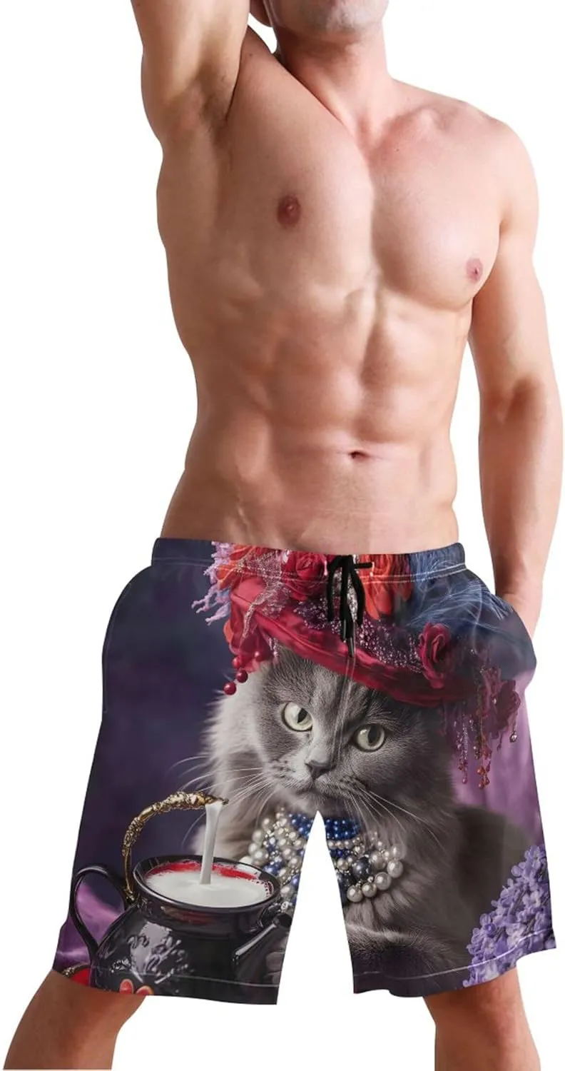 Victorian Cat Red Hat Tea Time Mens Swim Trunks Funny Bathing Suit Quick Dry Surf Men Swimming Trunks S
