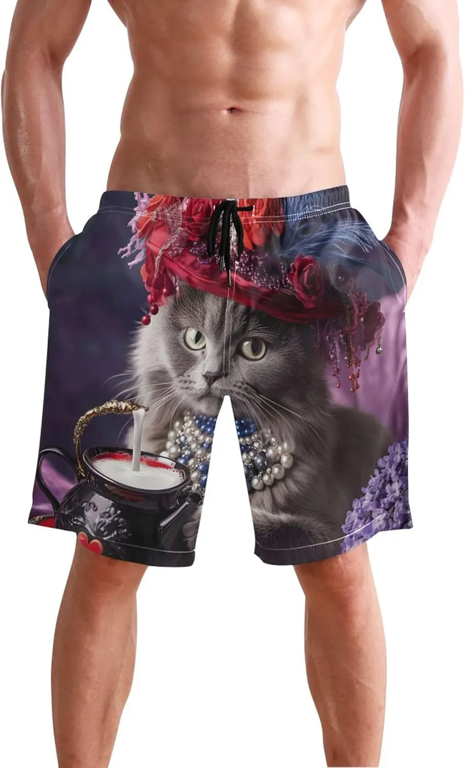 Victorian Cat Red Hat Tea Time Mens Swim Trunks Funny Bathing Suit Quick Dry Surf Men Swimming Trunks S