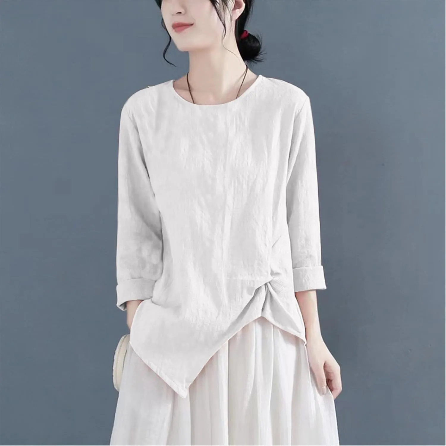 Vintage Linen Shirt for Women 3/4 Sleeve Twist Knot Front T Shirts Asymmetrical Hem Tunic Top Dressy Casual Blouse