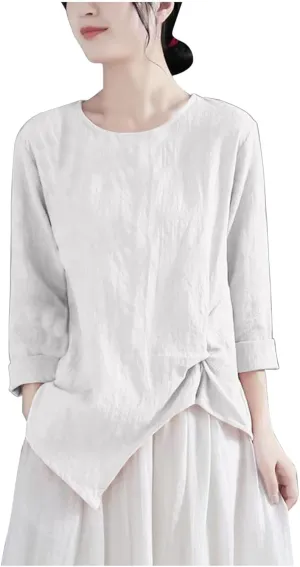 Vintage Linen Shirt for Women 3/4 Sleeve Twist Knot Front T Shirts Asymmetrical Hem Tunic Top Dressy Casual Blouse