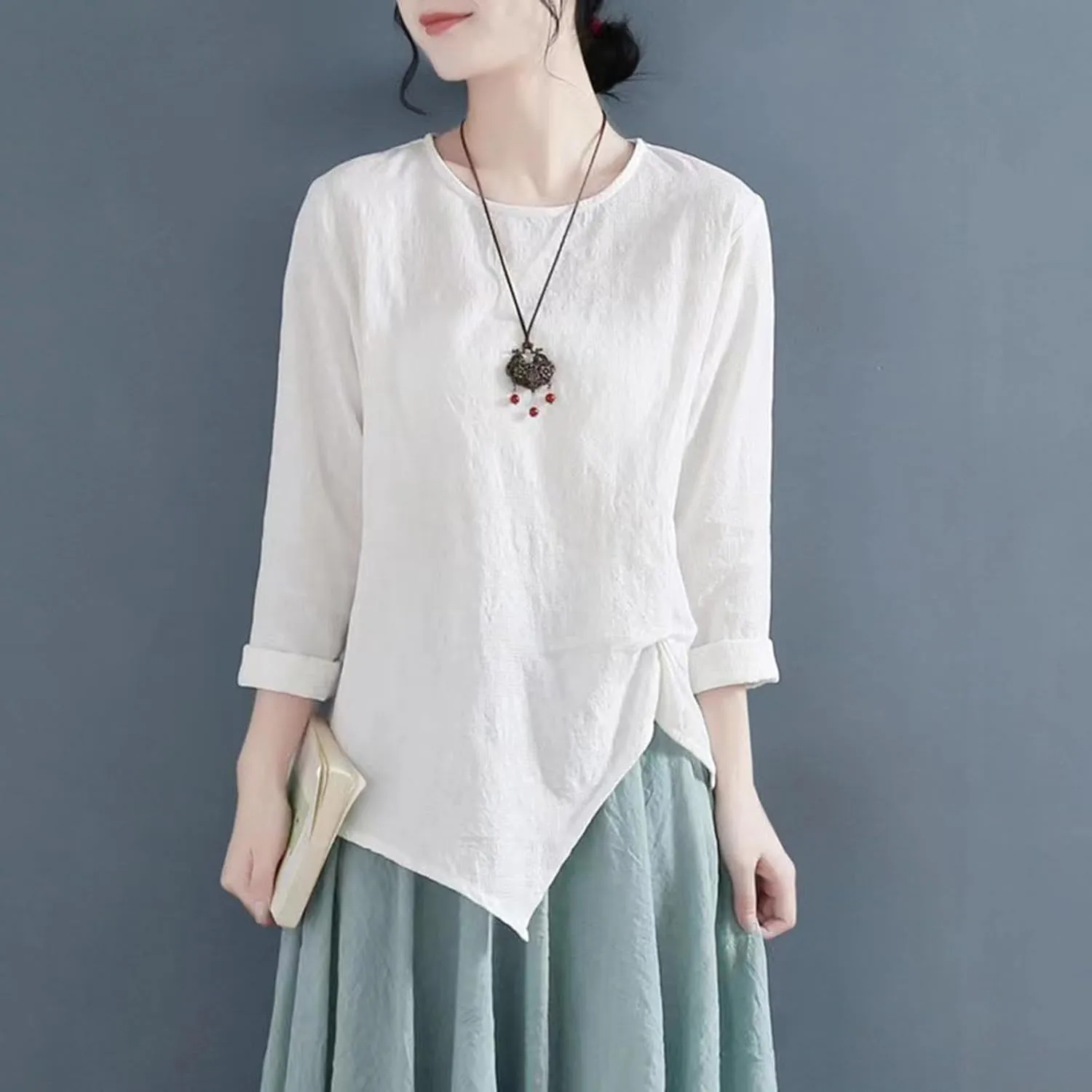 Vintage Linen Shirt for Women 3/4 Sleeve Twist Knot Front T Shirts Asymmetrical Hem Tunic Top Dressy Casual Blouse