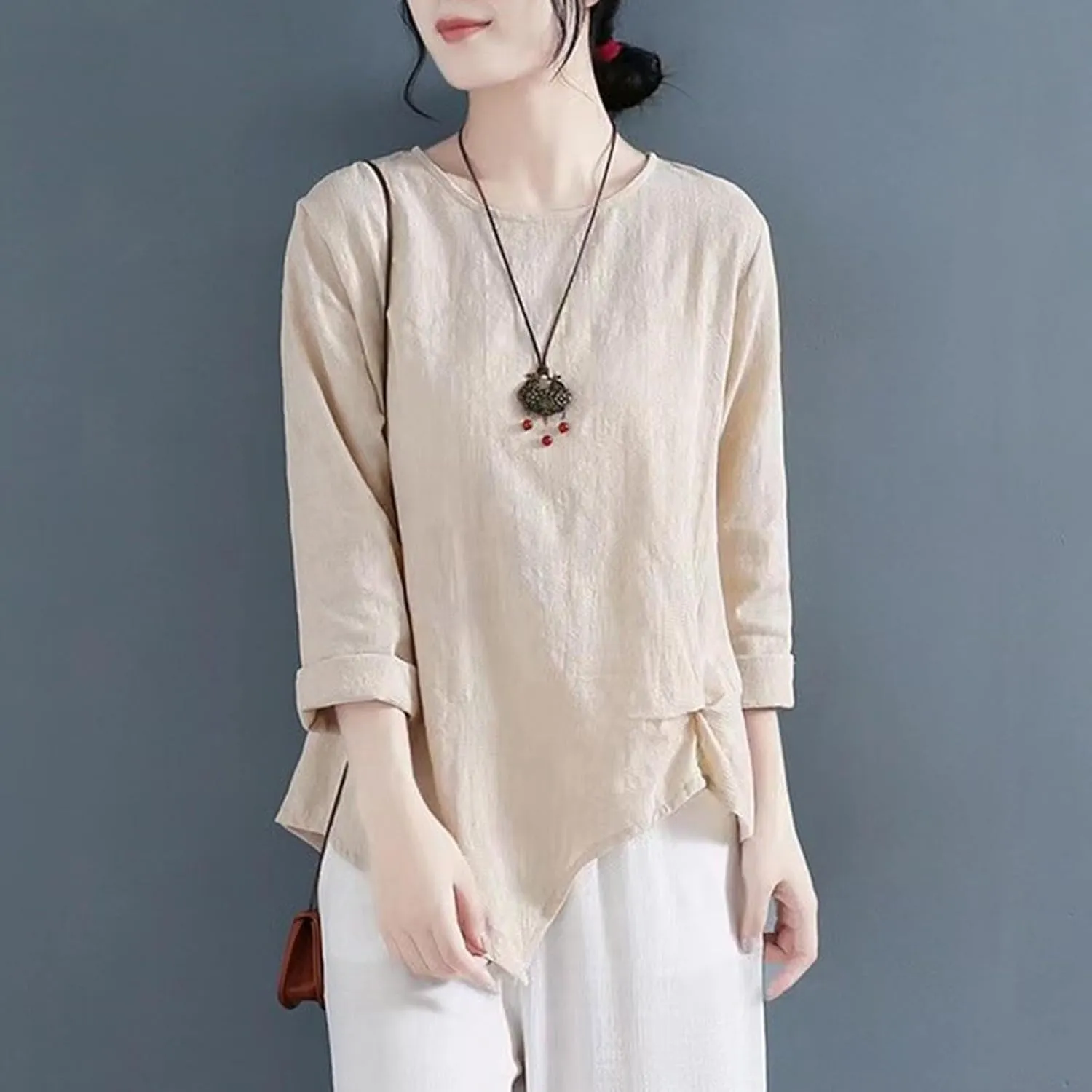 Vintage Linen Shirt for Women 3/4 Sleeve Twist Knot Front T Shirts Asymmetrical Hem Tunic Top Dressy Casual Blouse