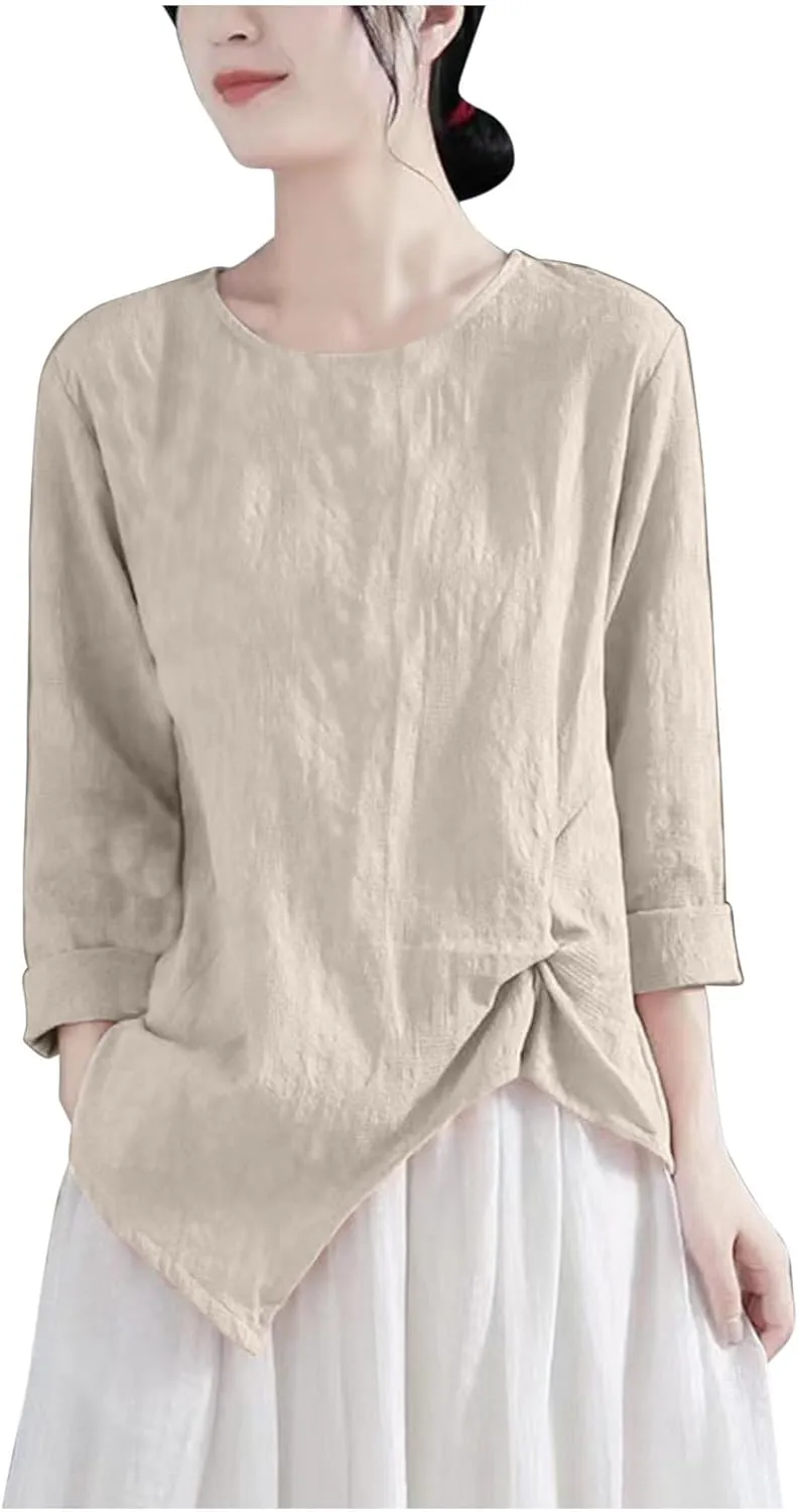 Vintage Linen Shirt for Women 3/4 Sleeve Twist Knot Front T Shirts Asymmetrical Hem Tunic Top Dressy Casual Blouse